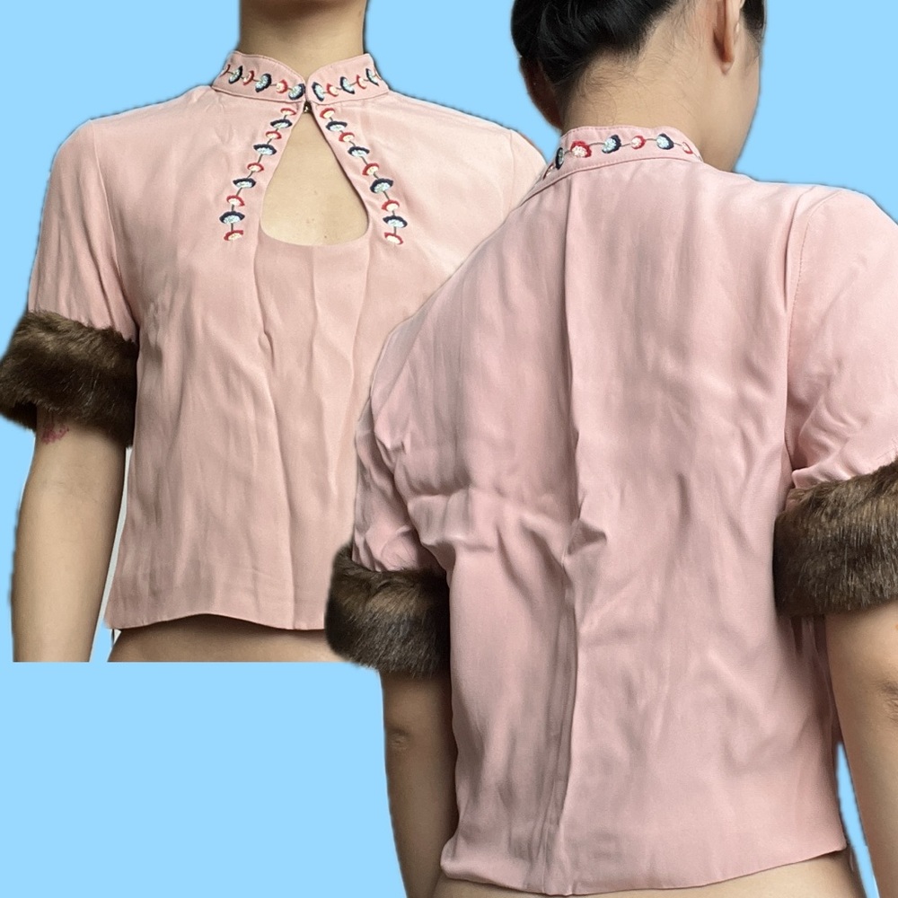 Staud pink blouse w furry sleeves